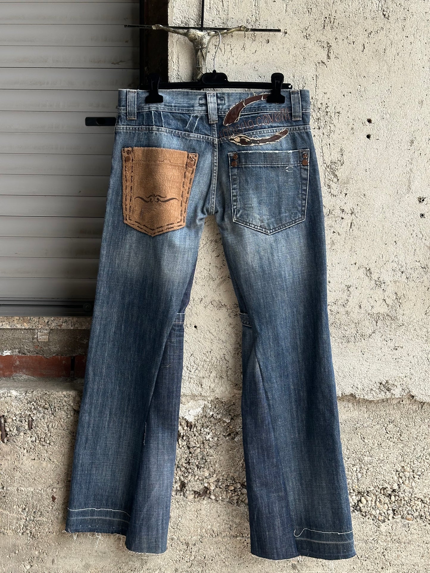 ROBERTO CAVALLI FLARED DENIM WITH BRWON LEATHER AND SUEDE