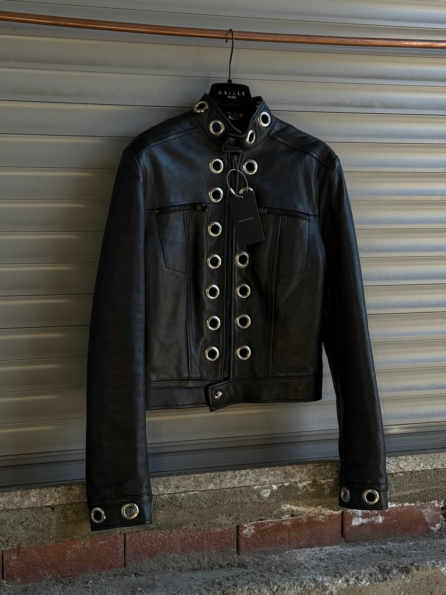 EYELETS BLACK LEATHER JACKET