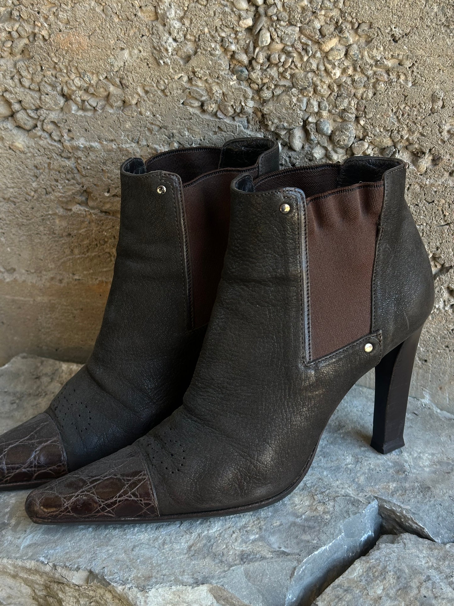 PRADA CROCO TOE ANKLE BOOTS
